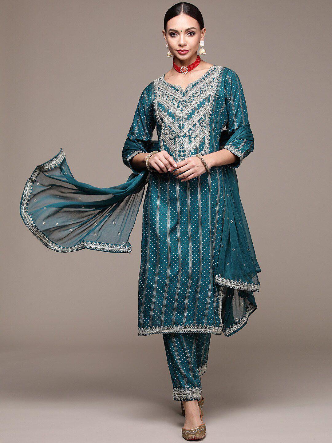 anubhutee geometric printed thread work kurta with trousers & dupatta