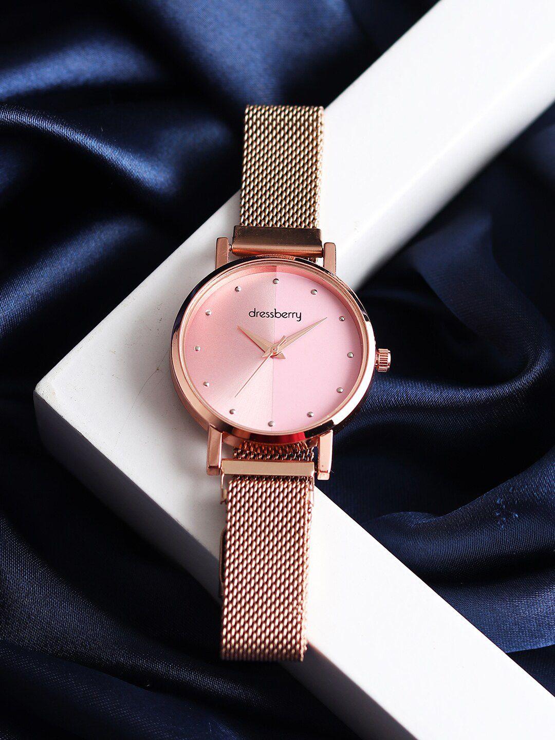 dressberry women pink dial & rose gold-plated straps analogue watch hobdb-103-pk