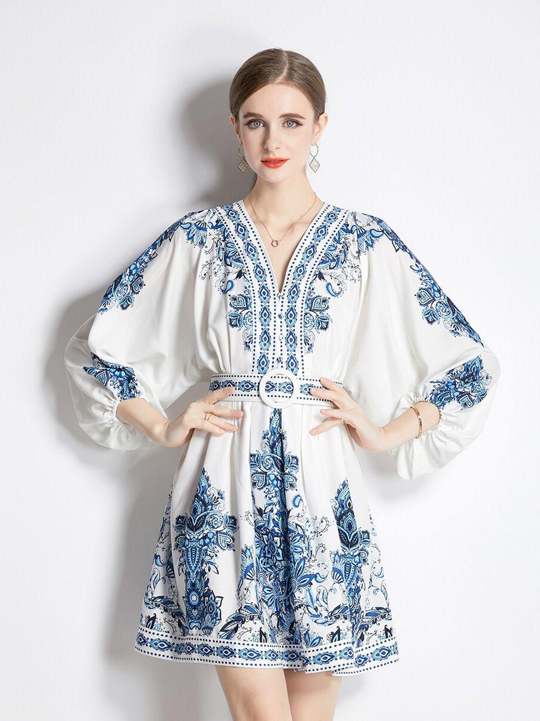 jc collection white ethnic motifs printed v-neck puff sleeves fit & flare dress