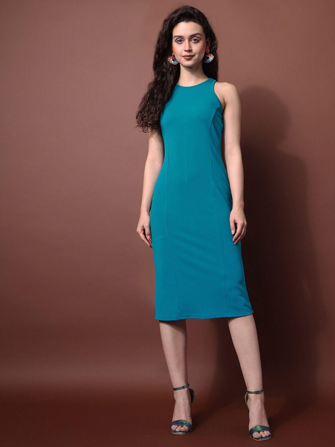 purvaja sleeveless side slit knitted sheath dress