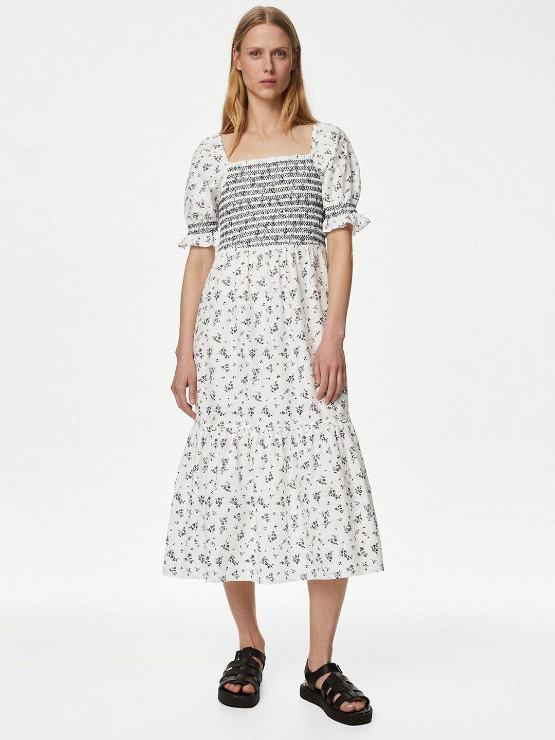 marks & spencer floral printed puff sleeves fit & flare midi cotton dress