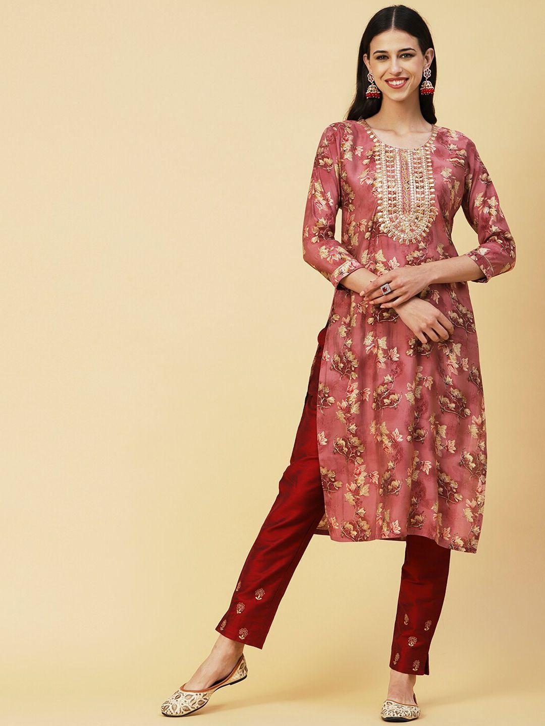 fashor rose gold & beige floral printed thread work kurta