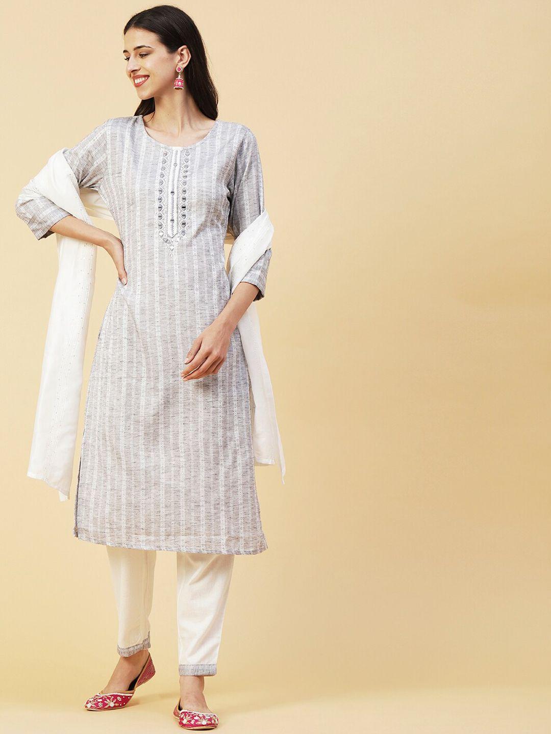 fashor grey melange & off-white striped mirror work kurta with trousers & dupatta