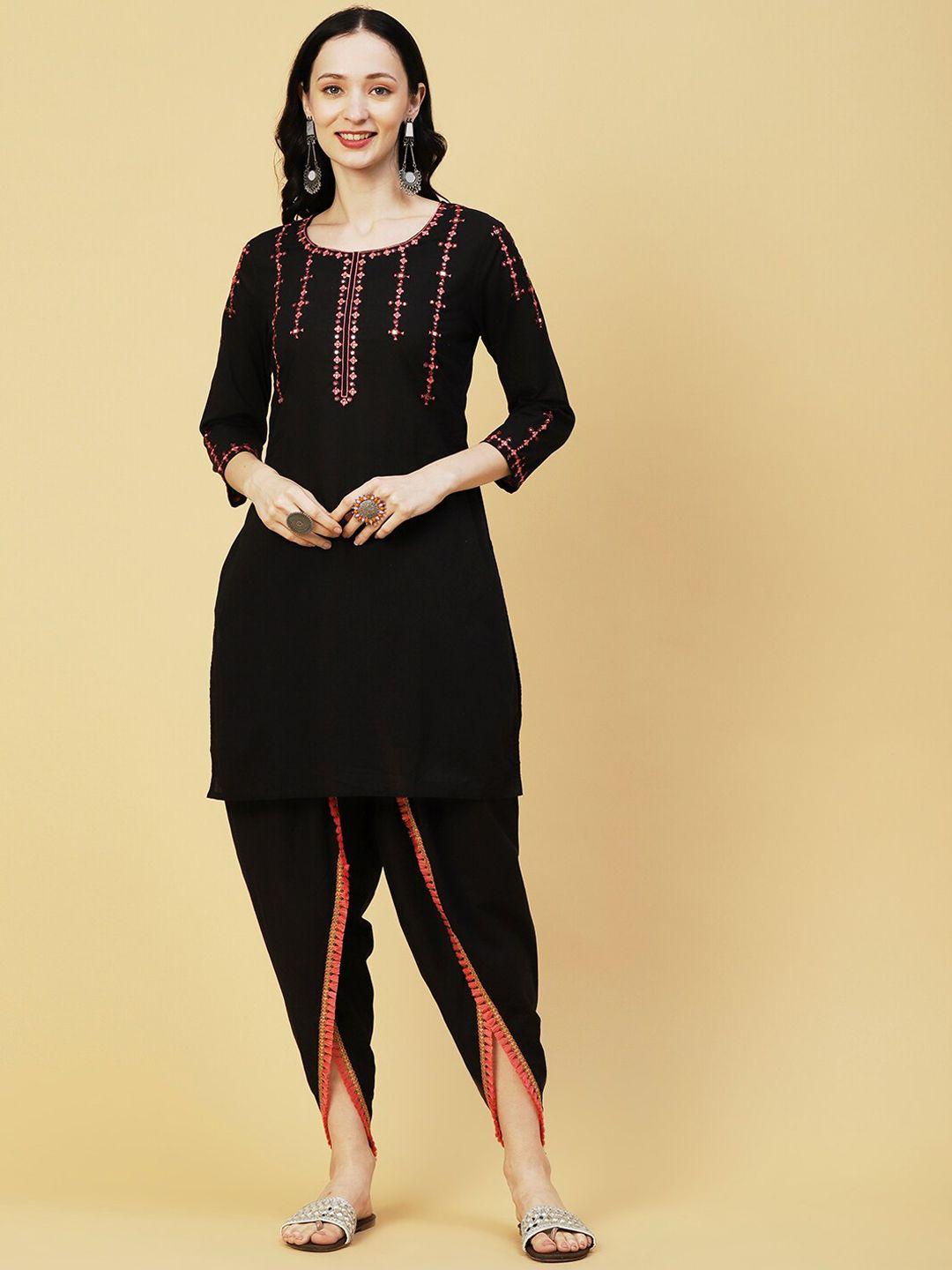 fashor black & pink floral embroidered mirror work pure cotton kurta with dhoti pants