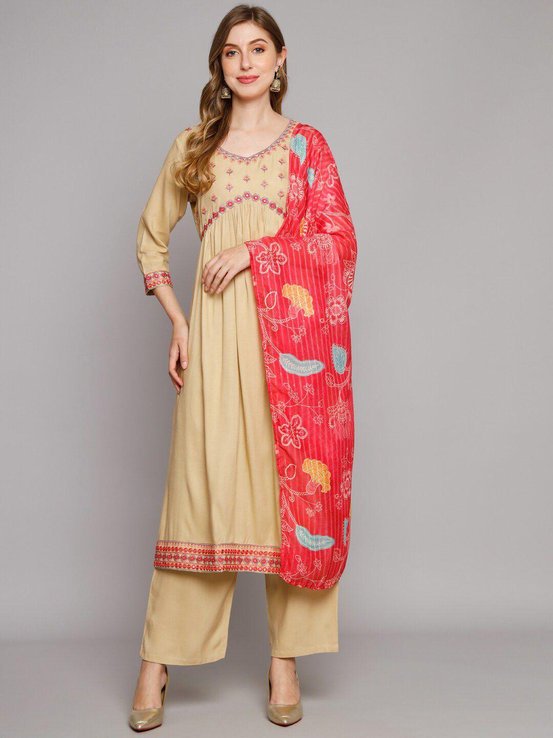 kalini floral yoke design pleated kurta with palazzos & dupatta