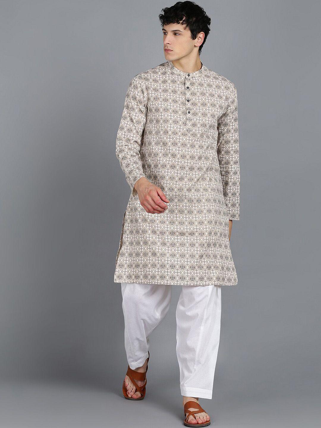 here&now grey & white ethnic motif printed band collar pure cotton kurta with pyjamas