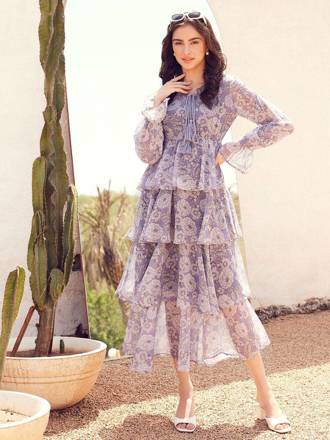 street 9 floral printed puffed sleeves layered georgette a-line maxi dress