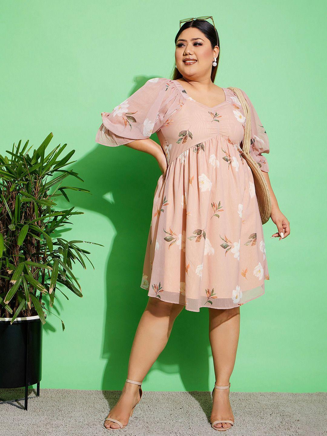 sassafras curve plus size beige floral printed sweetheart neck empire dress