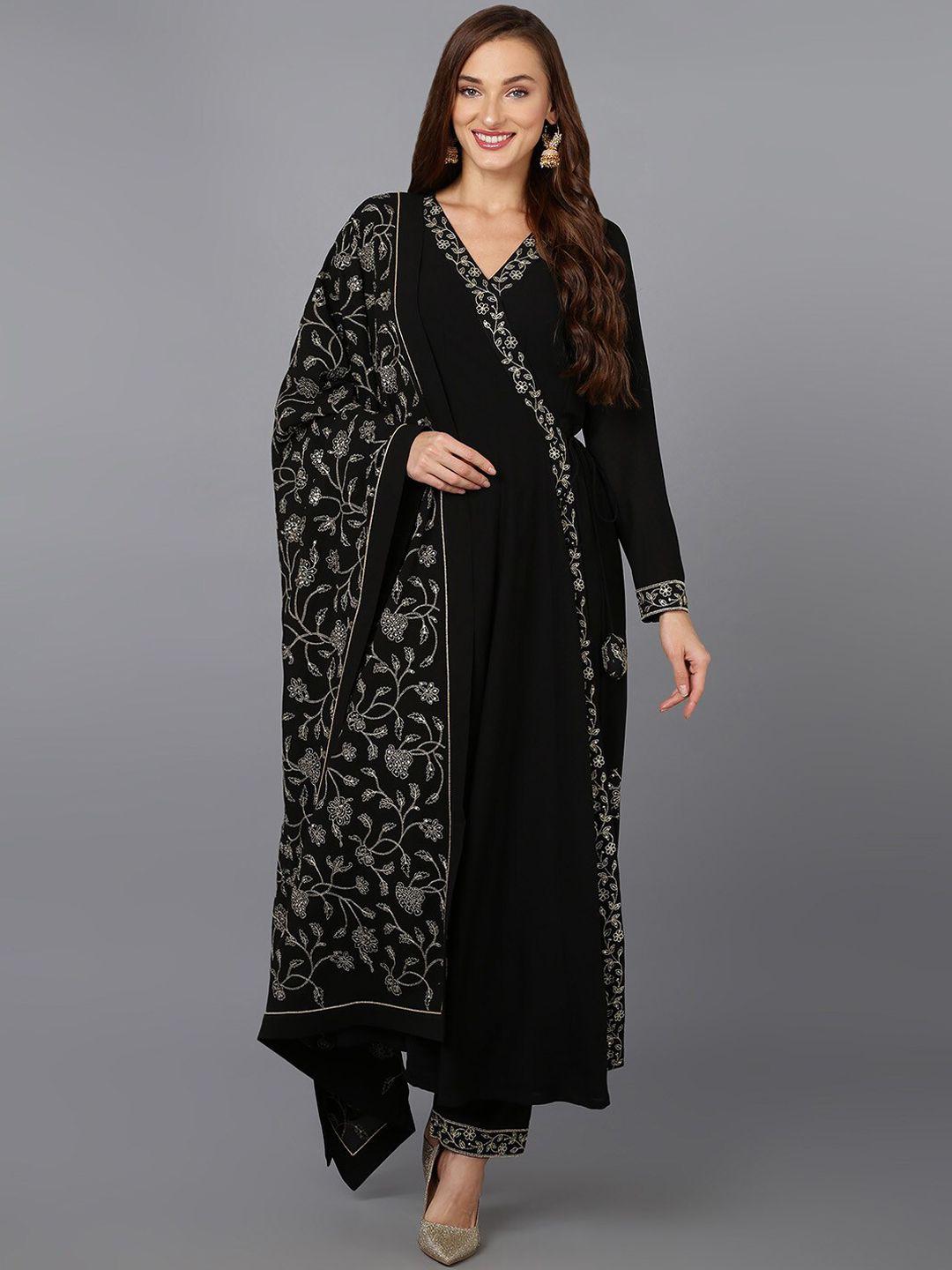 ahika black ethnic motifs embroidered angrakha kurta with trousers & dupatta