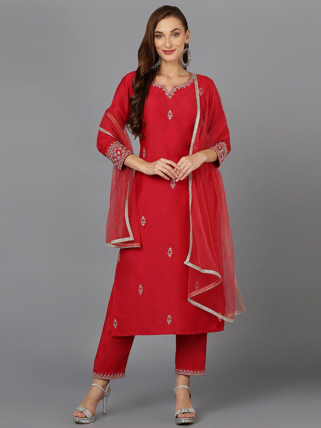 ahika red & silver-toned ethnic motifs embroidered kurta with trousers & dupatta