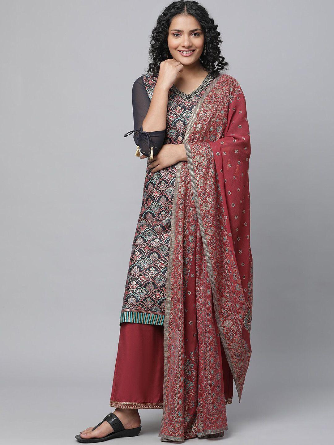 aurelia ethnic motifs printed sequined kurta with palazzos & dupatta