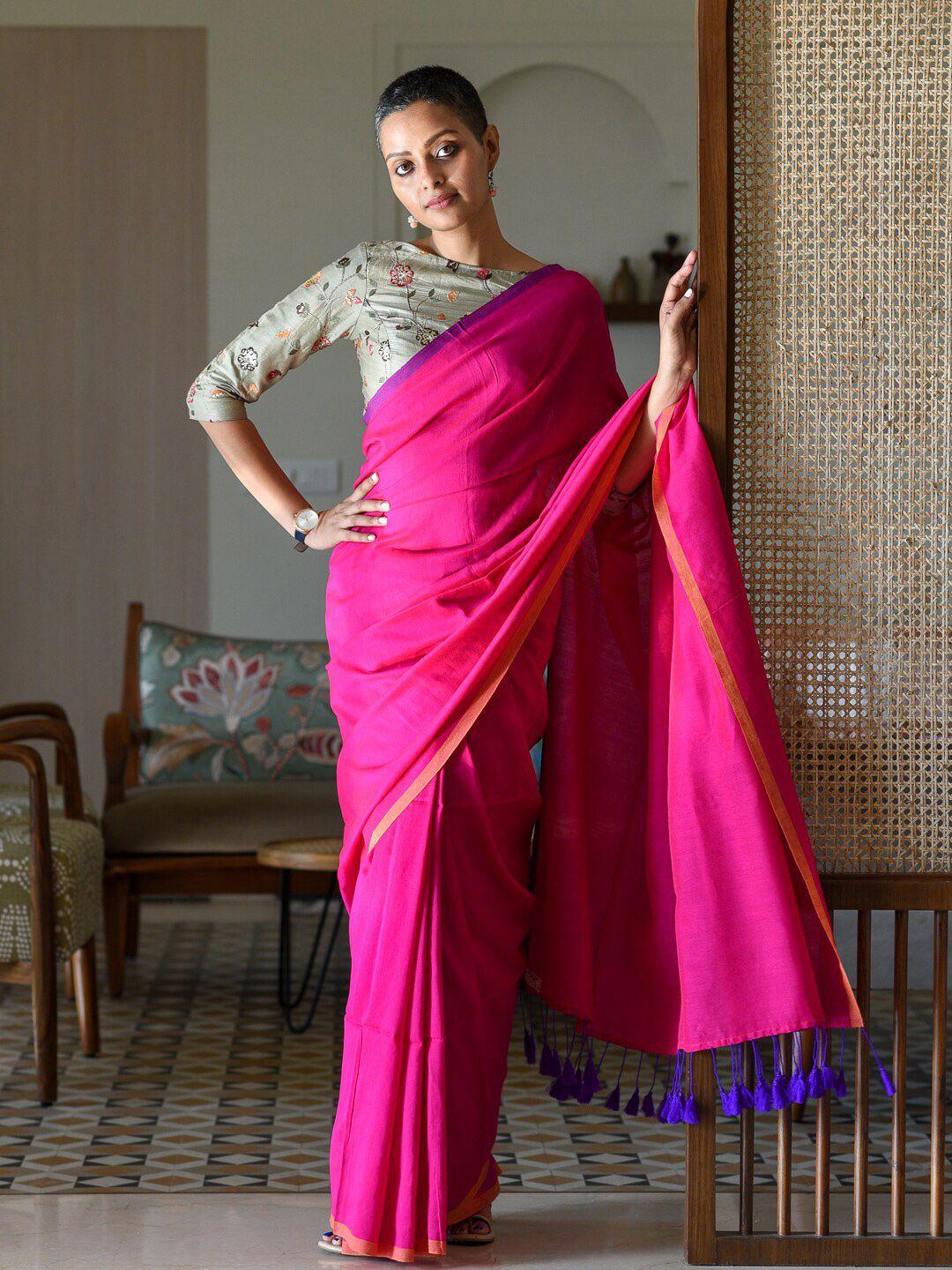 suta pink & blue cotton blend saree