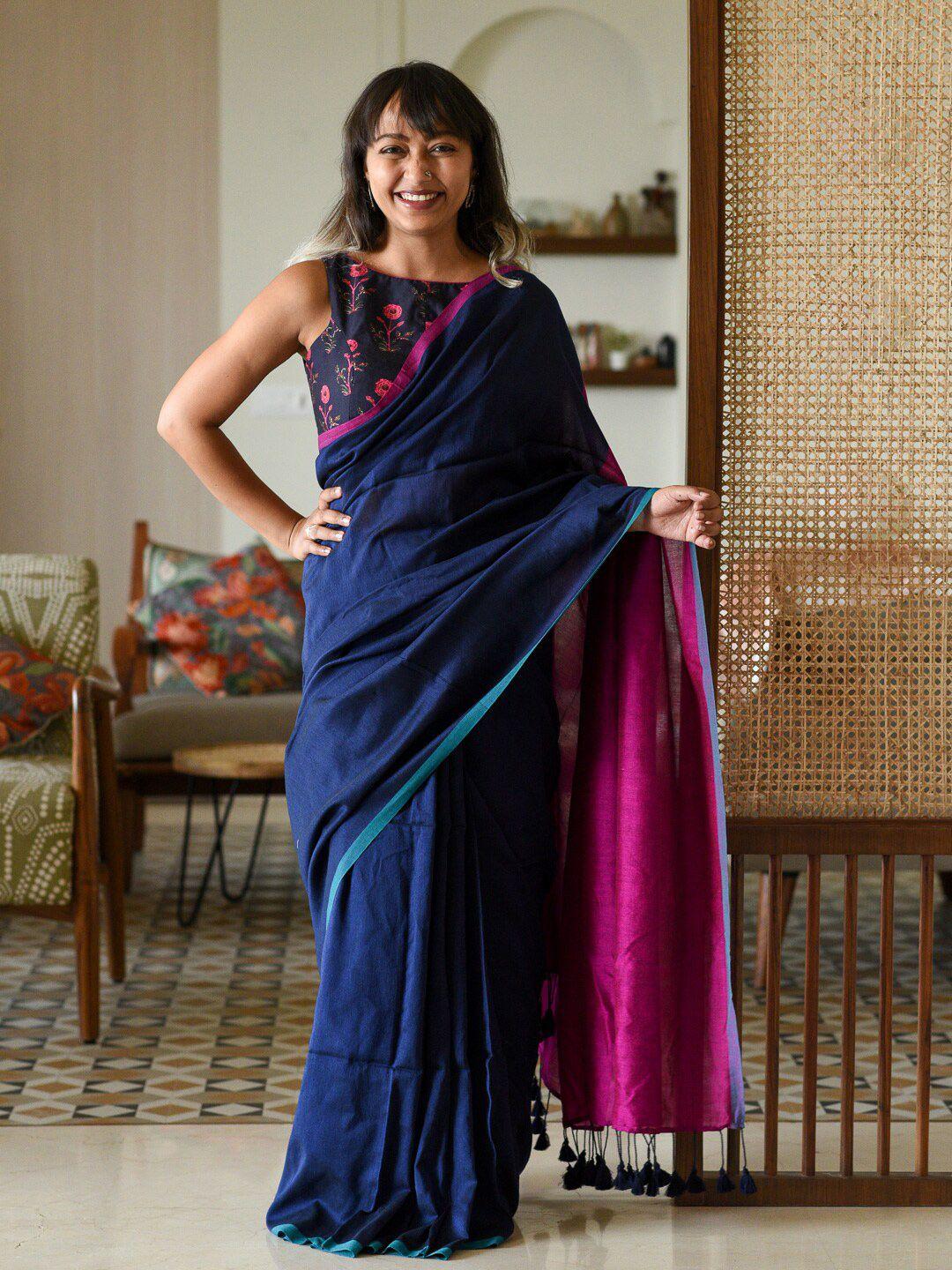 suta blue & pink cotton blend saree