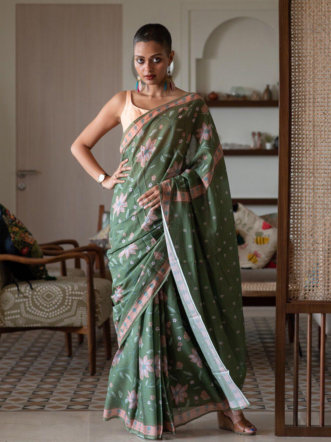 suta olive green & pink floral pure cotton saree