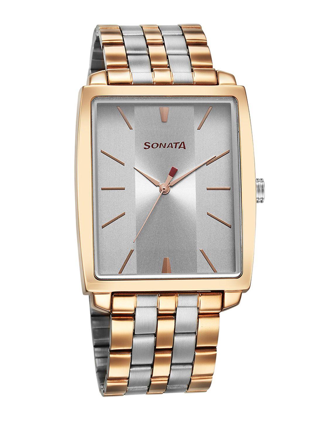 sonata men brass dial & stainless steel style straps analogue watch 7143km02