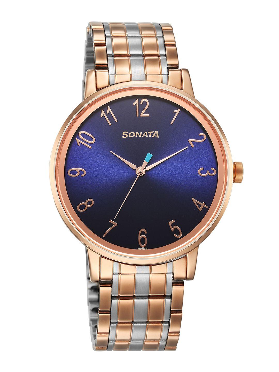 sonata men brass dial & stainless steel style straps analogue watch 7131km03