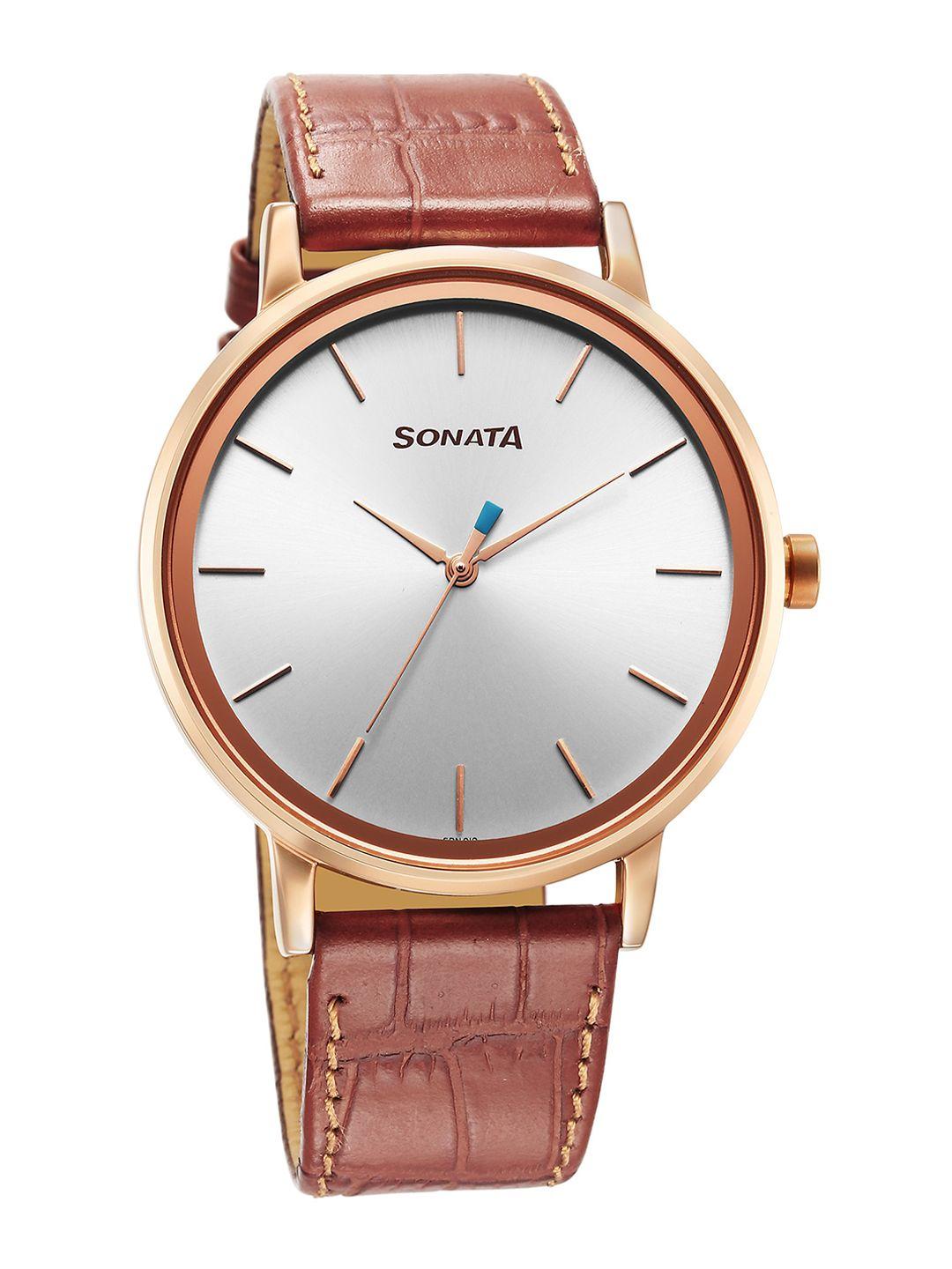 sonata men brass dial & leather straps analogue watch 7131wl04