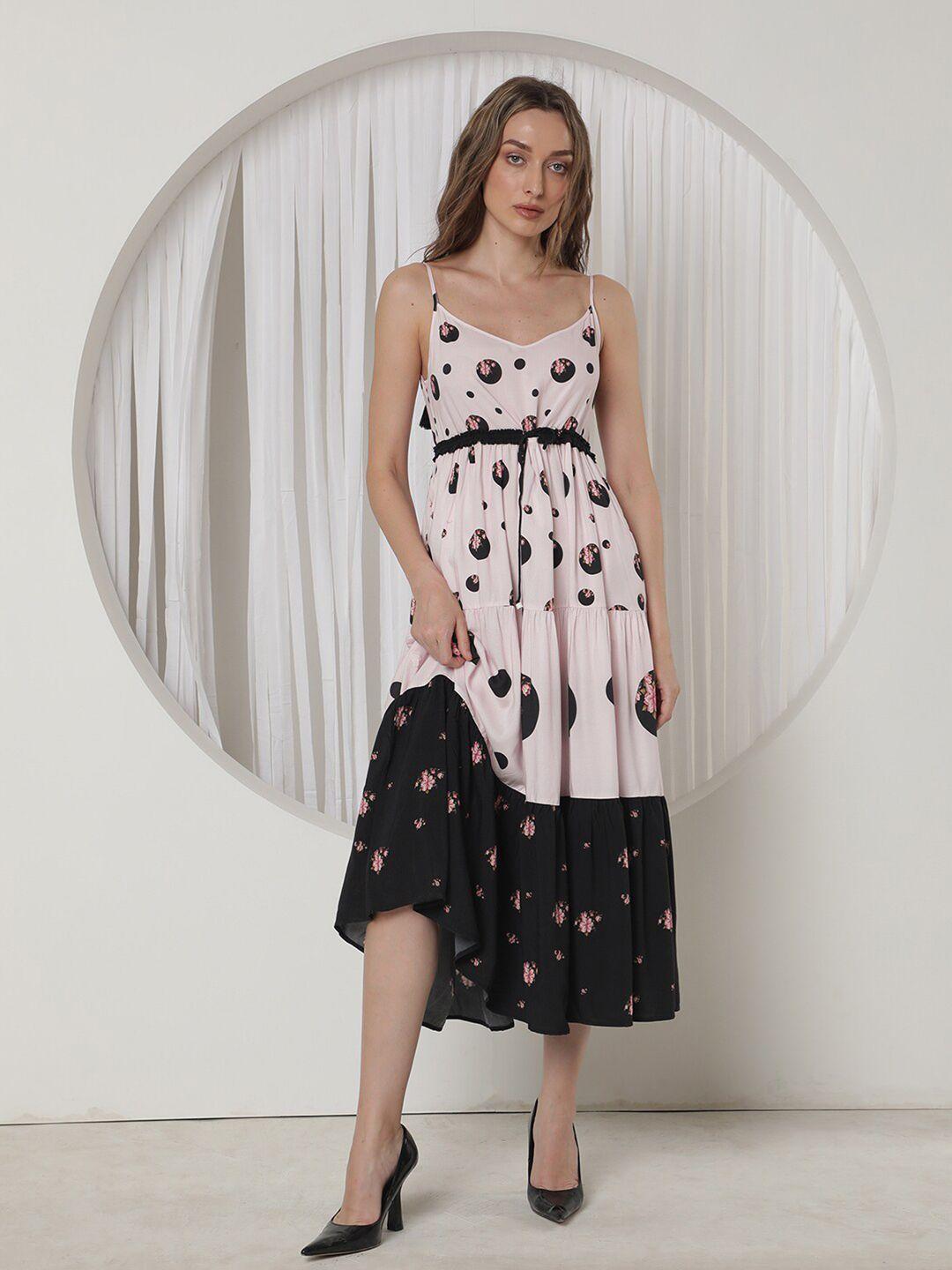 rareism floral printed tie-up detail fit & flare midi dress