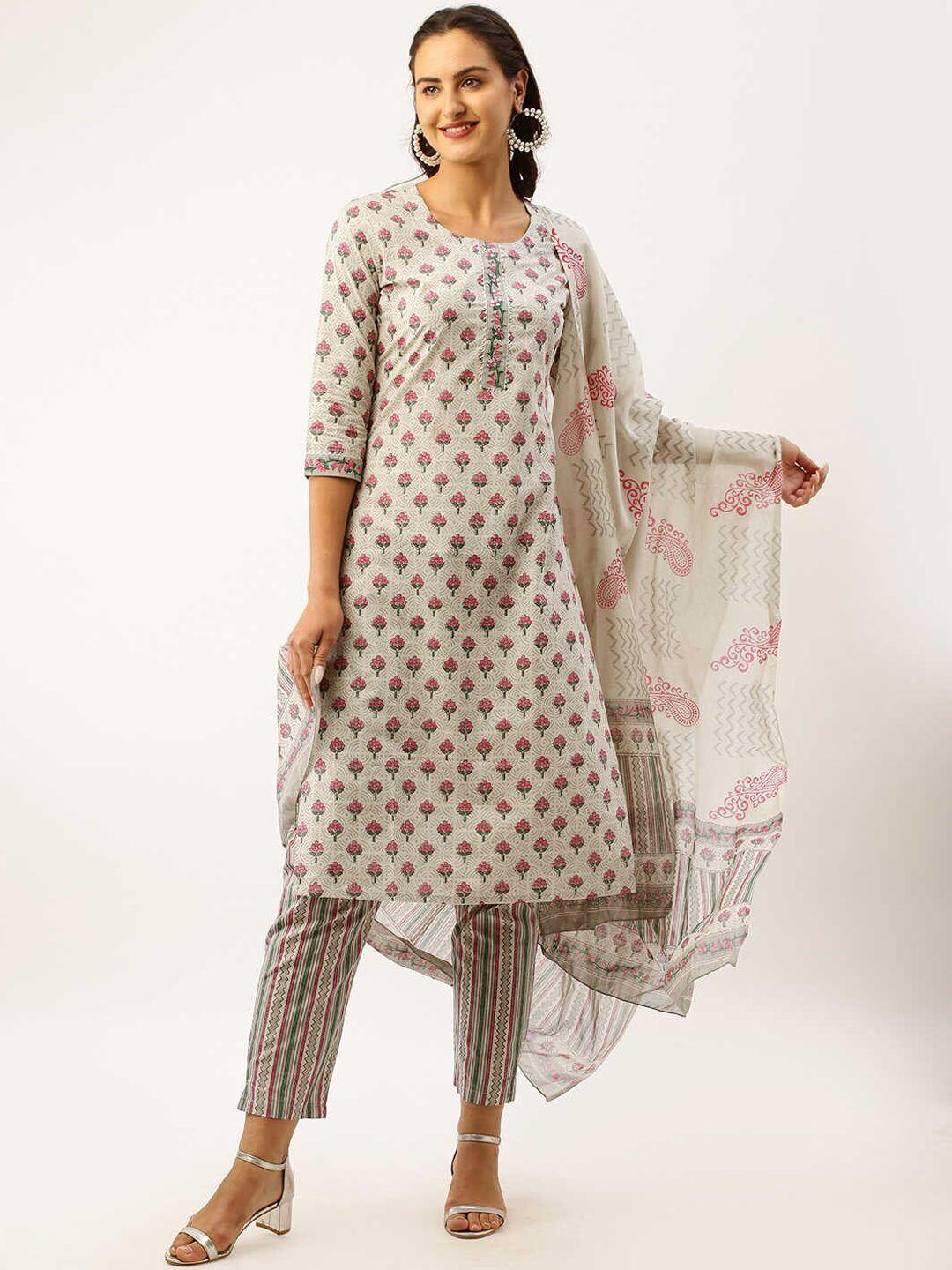 zola beige & pink floral printed pure cotton kurta with trousers & dupatta