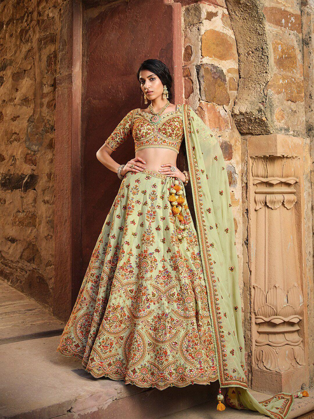 inddus green embroidered semi-stitched lehenga & unstitched blouse with dupatta