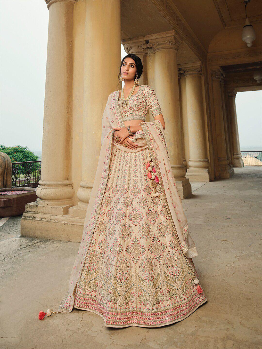 inddus beige embroidered semi-stitched lehenga & unstitched blouse with dupatta