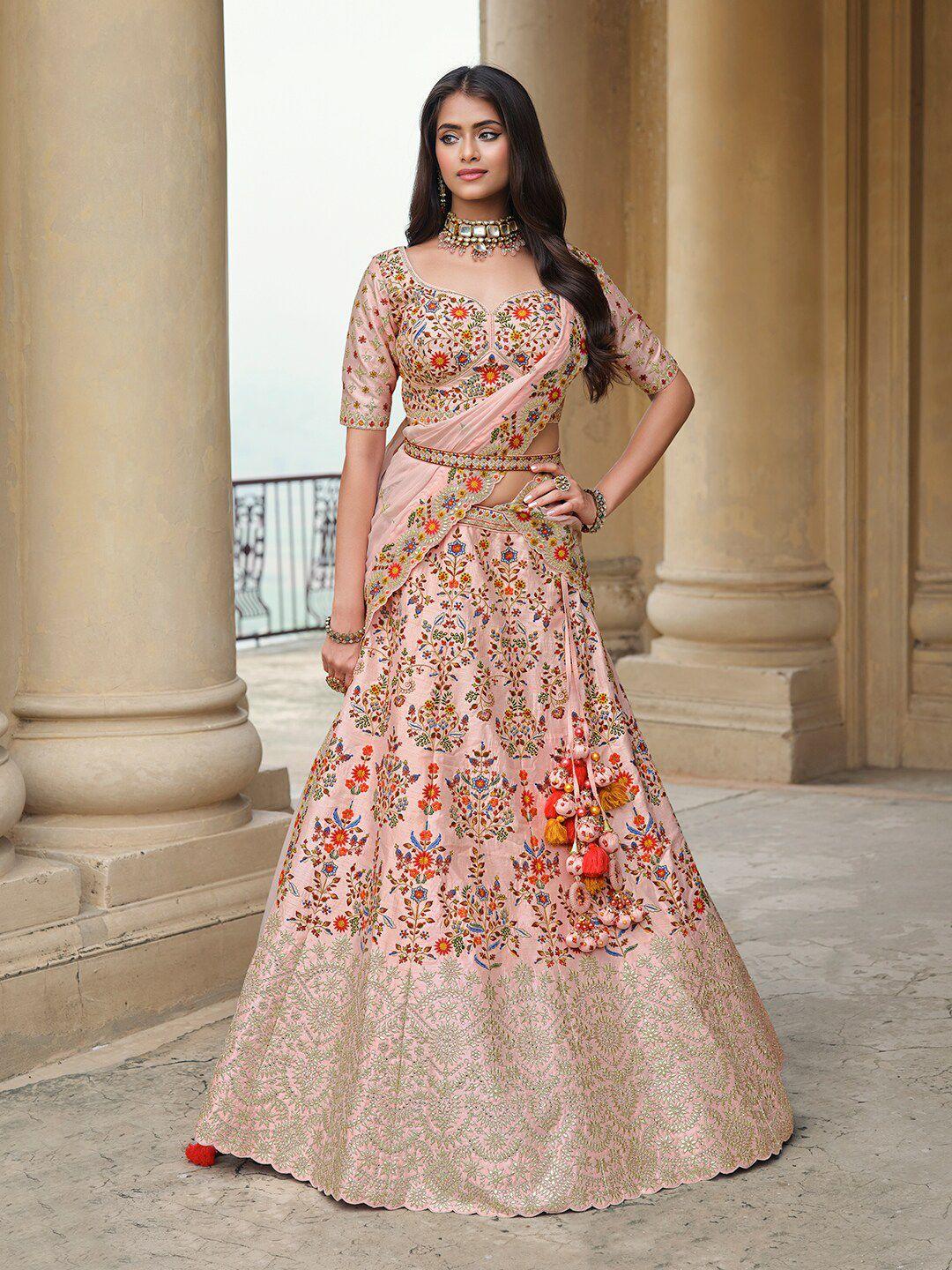 inddus pink & red embroidered thread work semi-stitched lehenga & unstitched blouse with dupatta