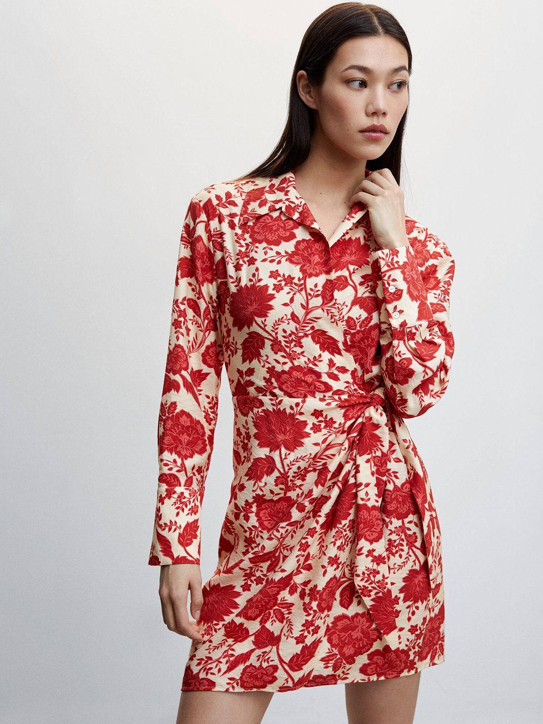 mango floral print waist tie-up mini wrap dress