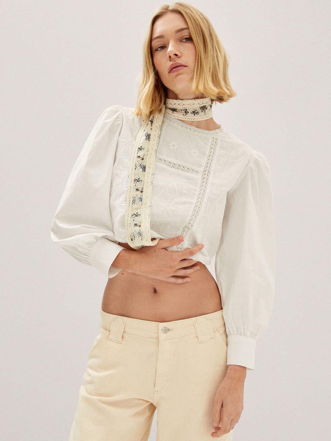 mango floral embroidered pure cotton puff sleeves cropped top