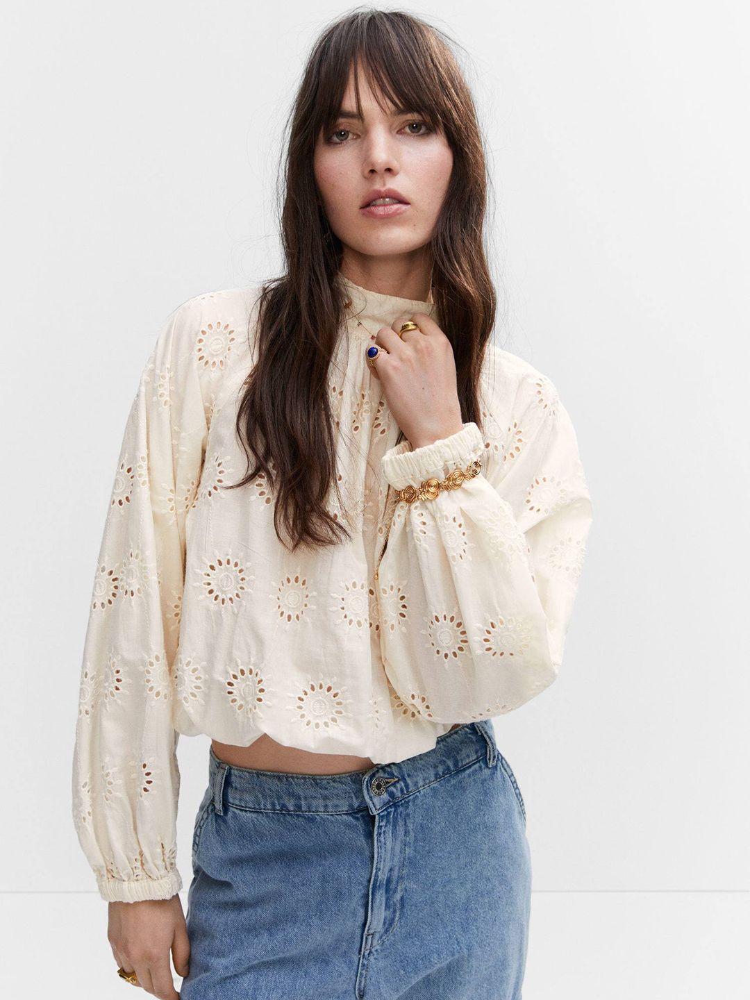 mango schiffli embroidered puff sleeve blouson top