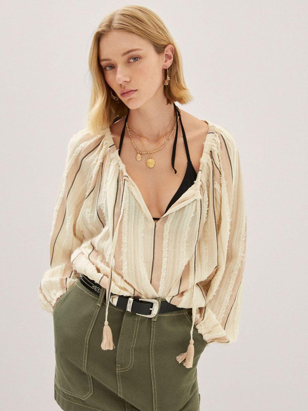 mango striped tie-up neck top