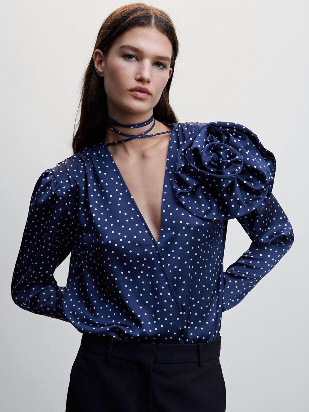 mango polka dot print tie-up neck corsage detail wrap top