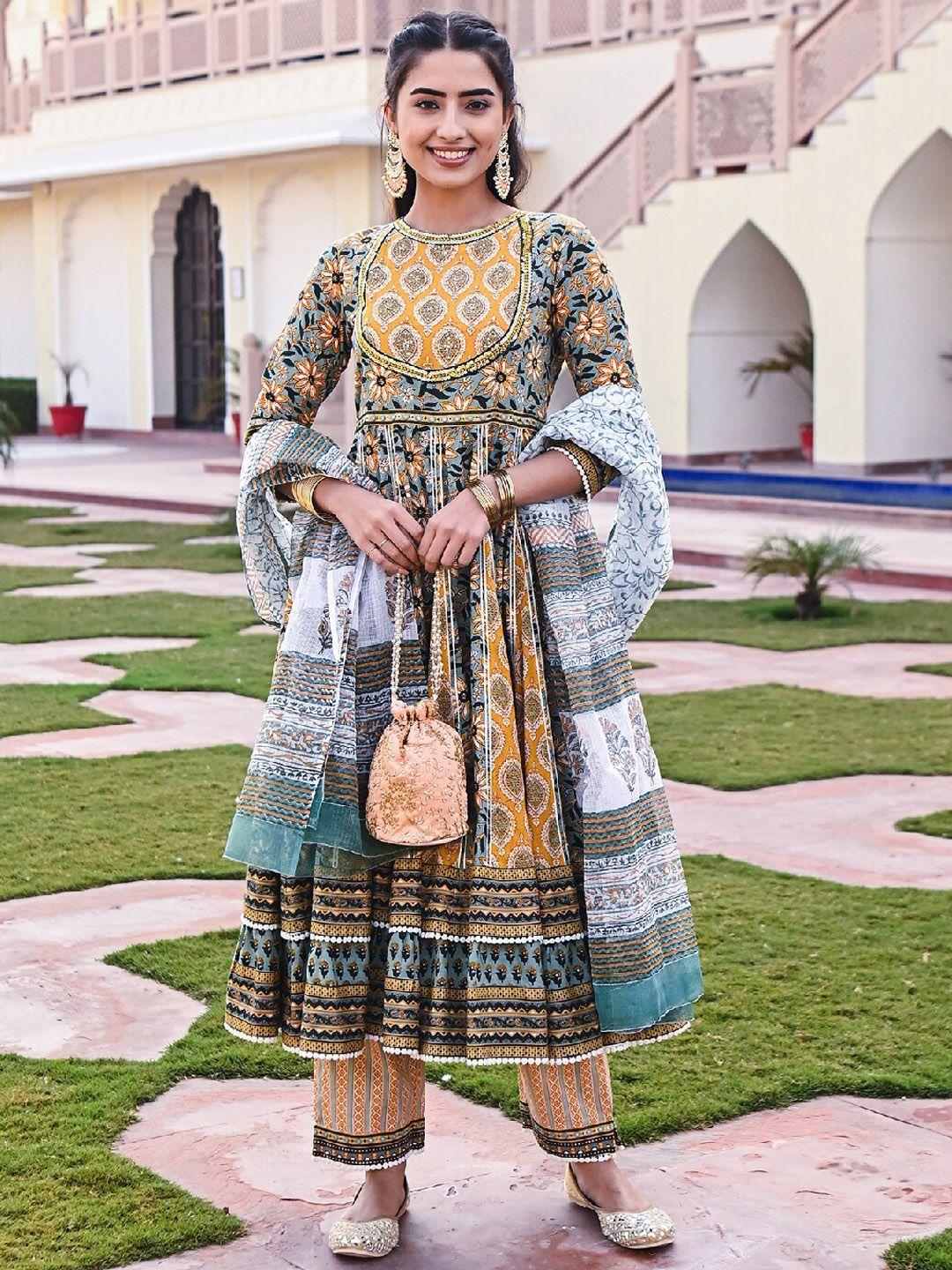 everbloom women yellow floral printed panelled sequinned pure cotton kurta with trousers & with dupatta