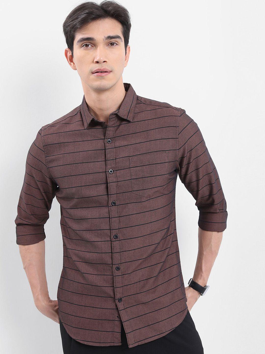 highlander rust & black horizontal stripes slim fit casual shirt