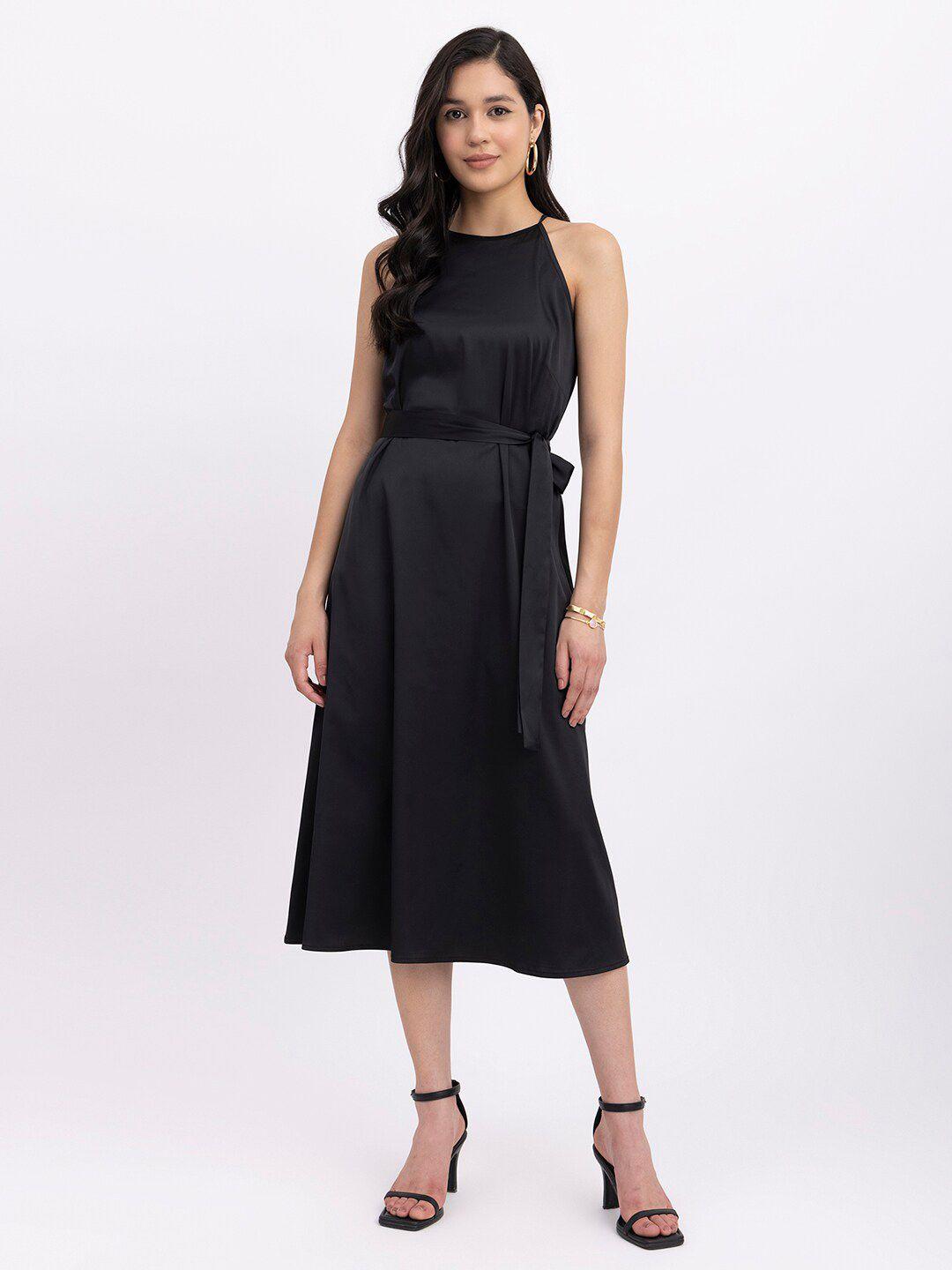 fablestreet shoulder strap satin fit & flare midi dress