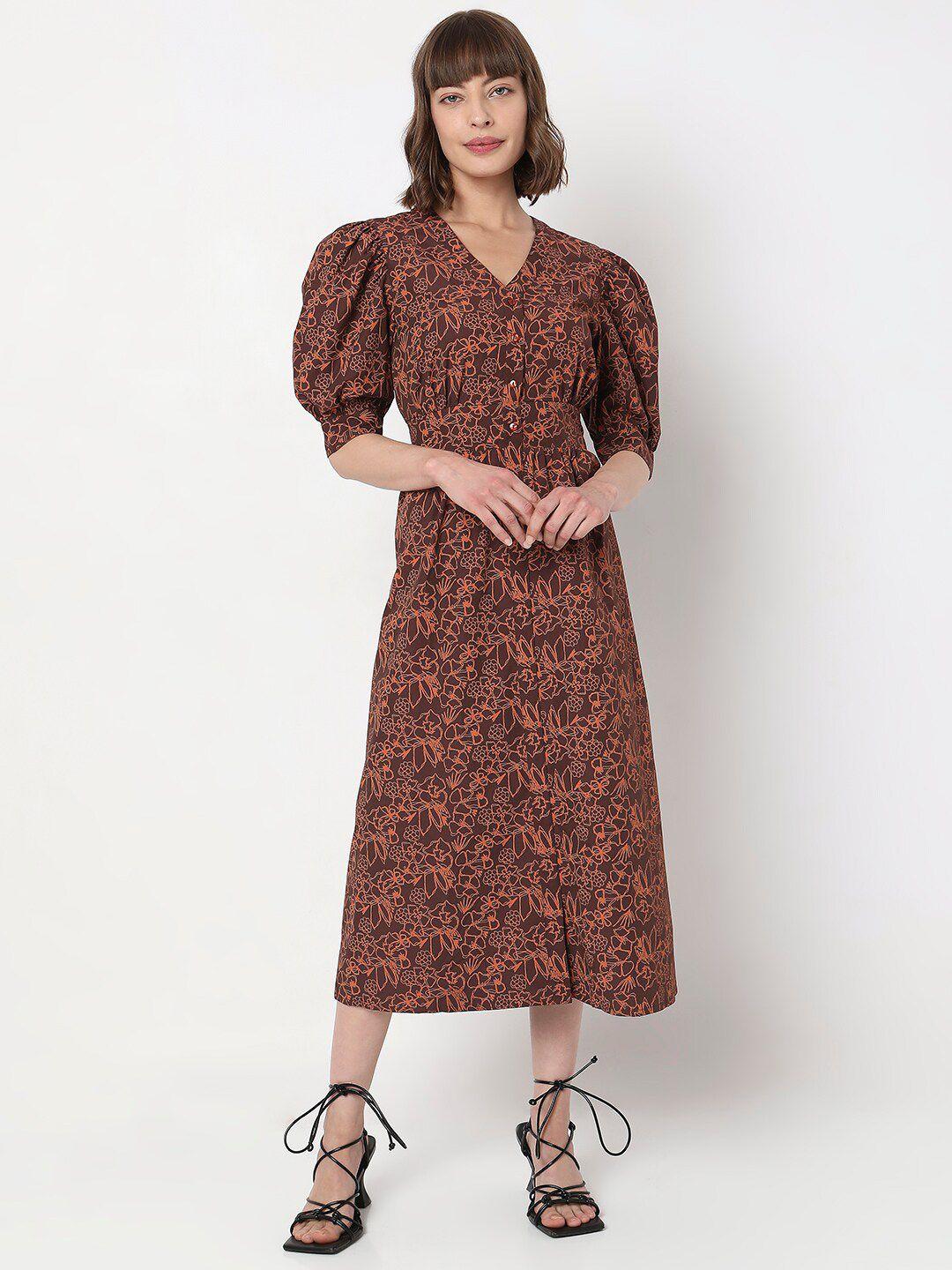 vero moda floral printed puff sleeve a-line midi dress