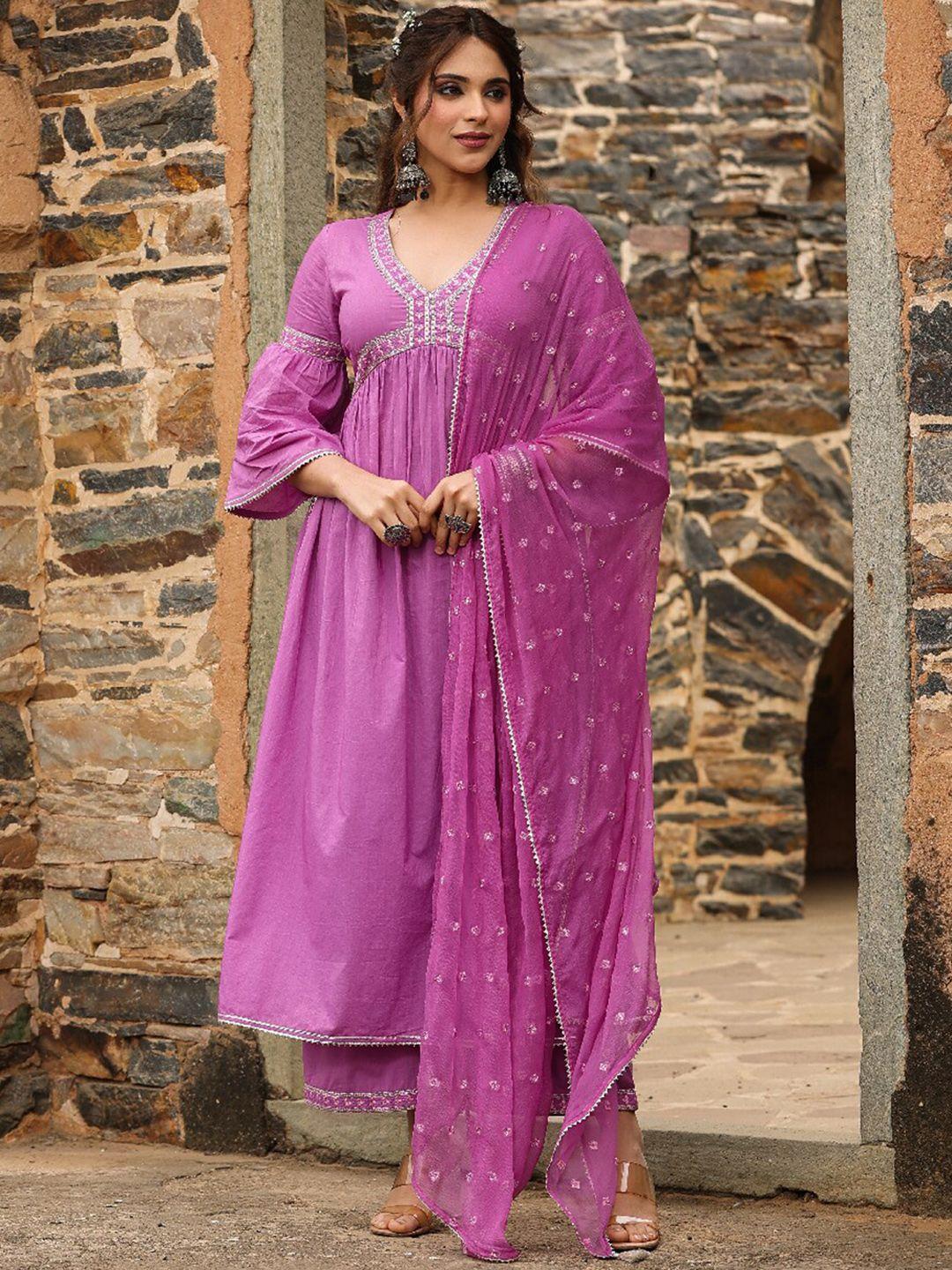 everbloom women purple embroidered high slit sequinned pure cotton kurta with palazzos & with dupatta