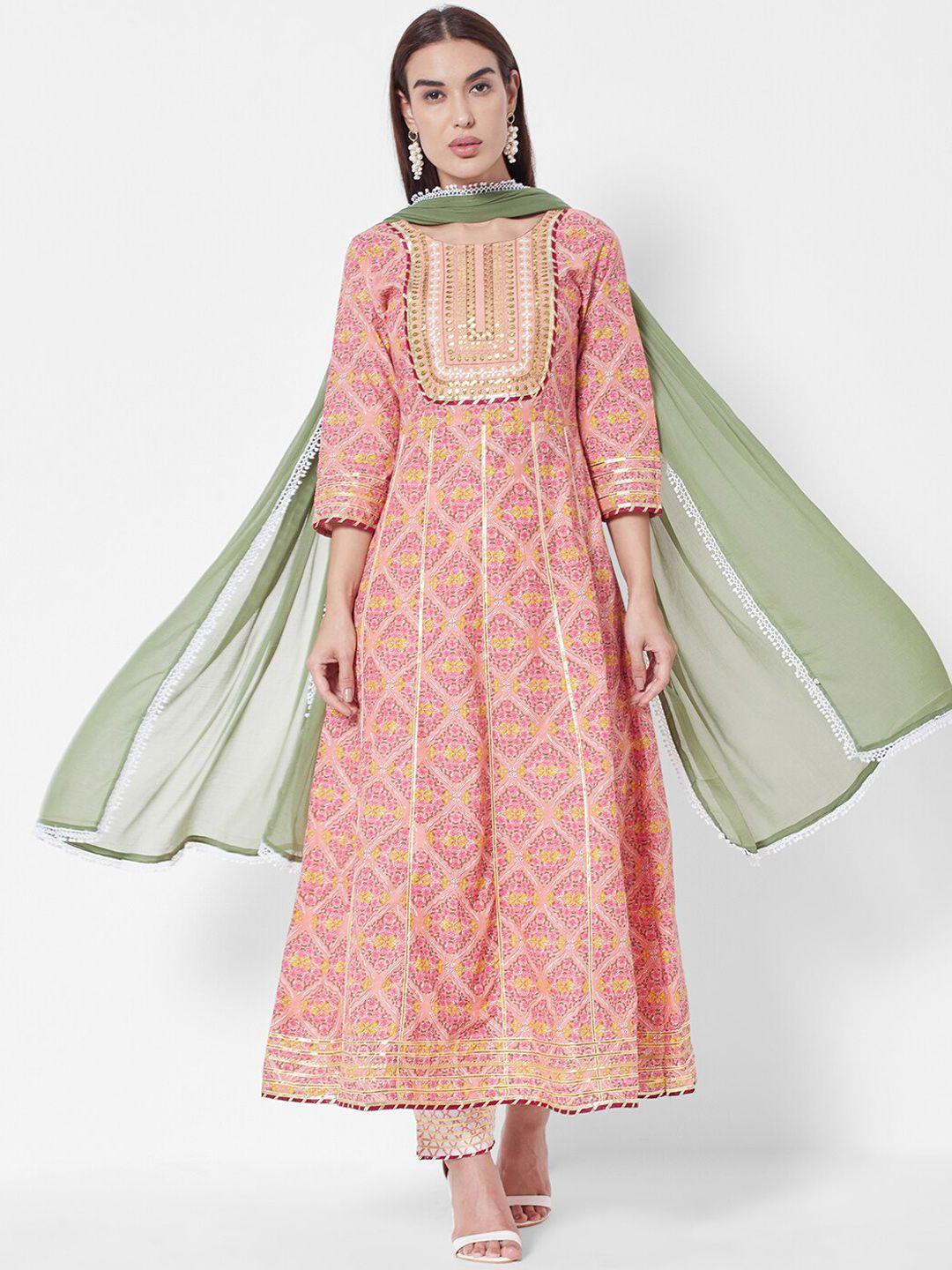 vedic motifs printed pure cotton kurta with trousers & dupatta