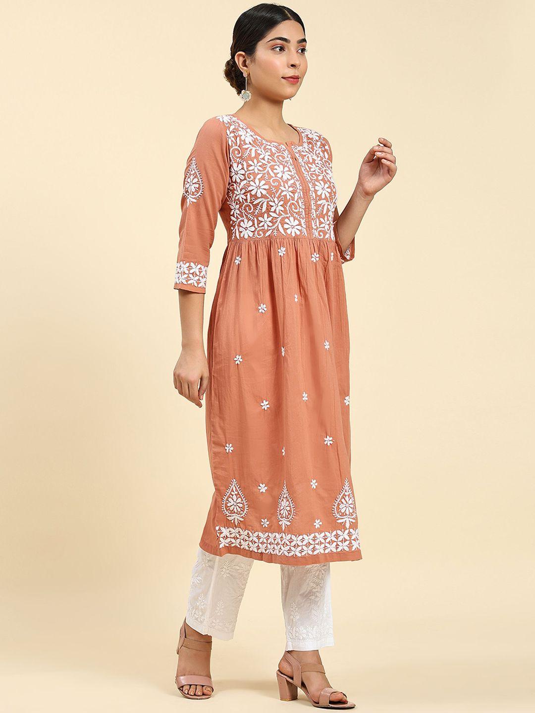 house of kari women orange ethnic motifs printed flared sleeves thread work kurta