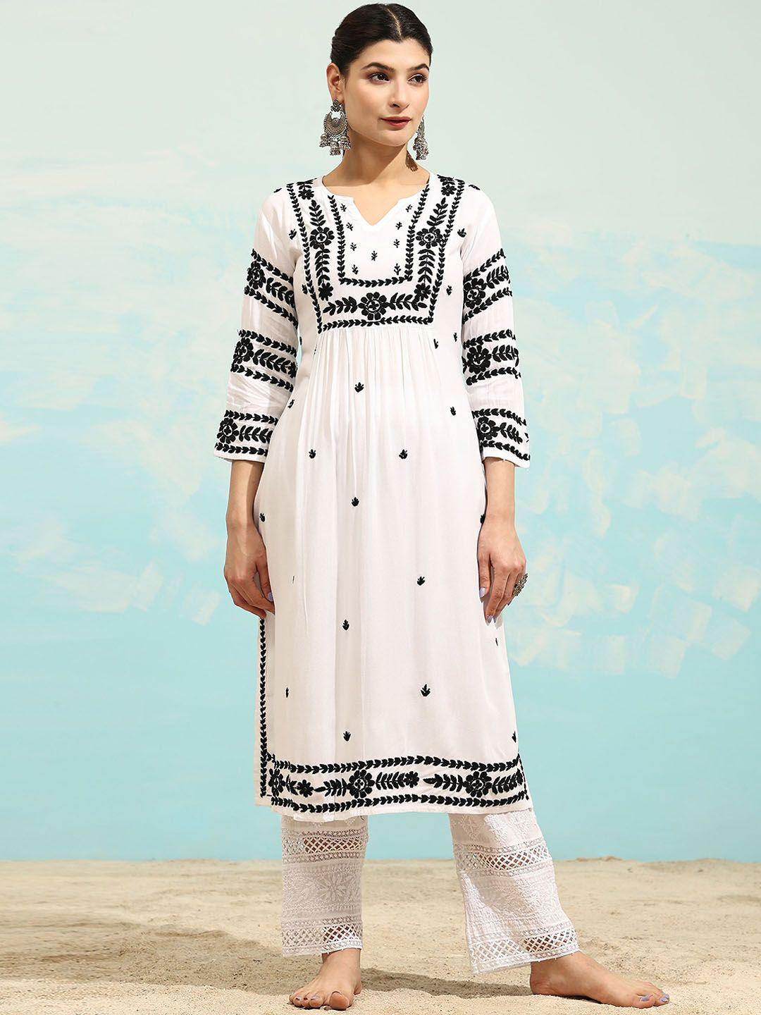 house of kari women white embroidered thread work kurta