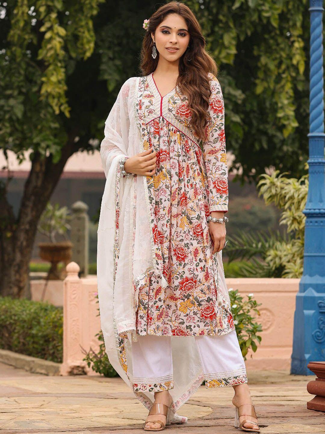 everbloom floral printed gotta patti pure cotton kurta with trousers & dupatta