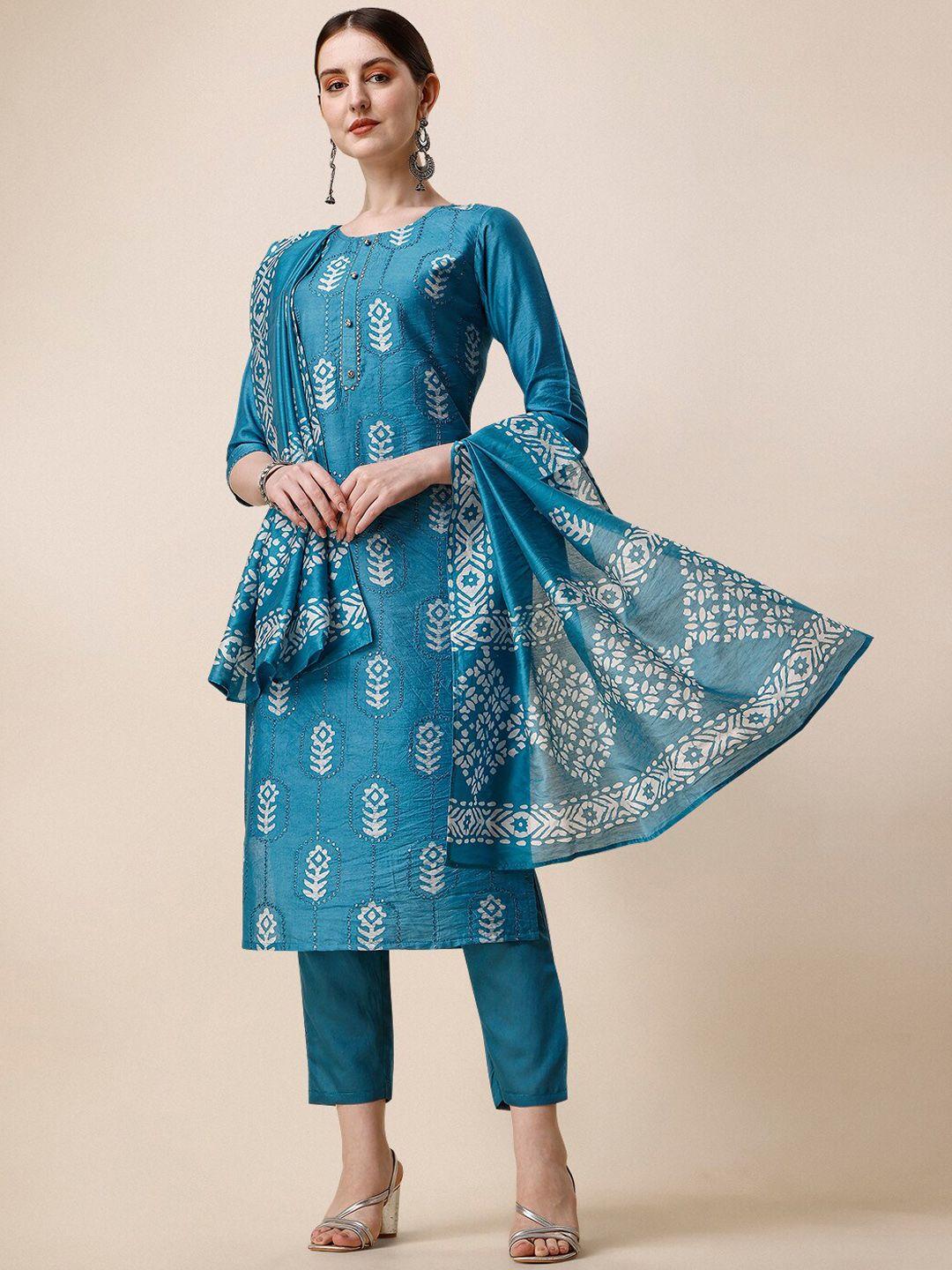 berrylicious ethnic motifs printed chanderi cotton kurta with trousers & dupatta