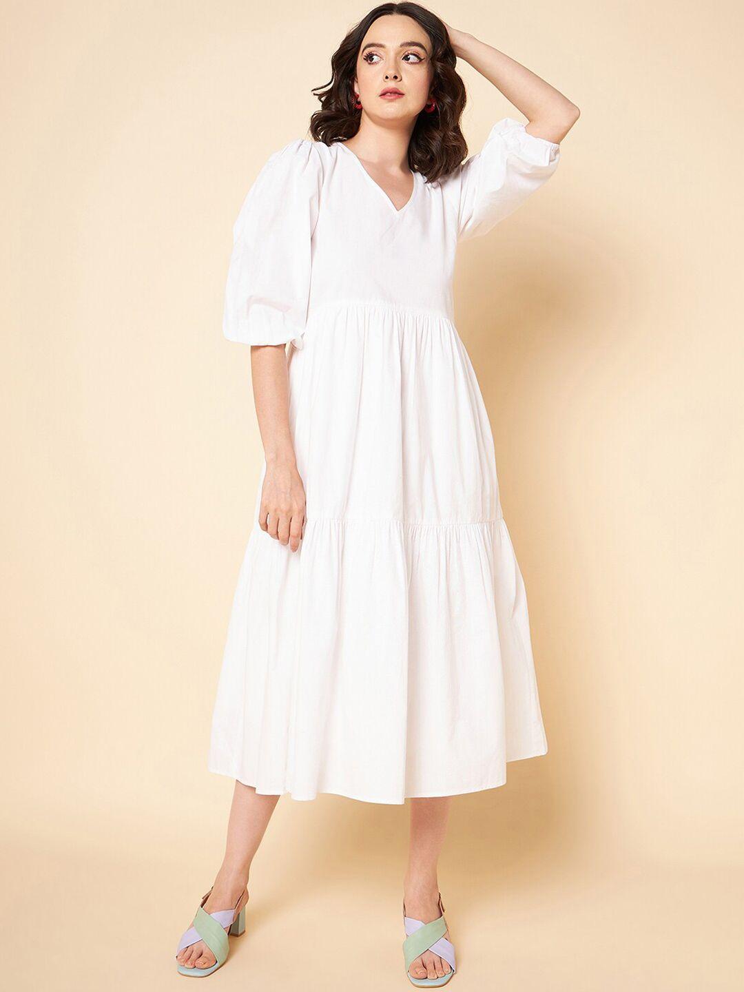 high star puff sleeves tiered pure cotton fit & flare midi dress