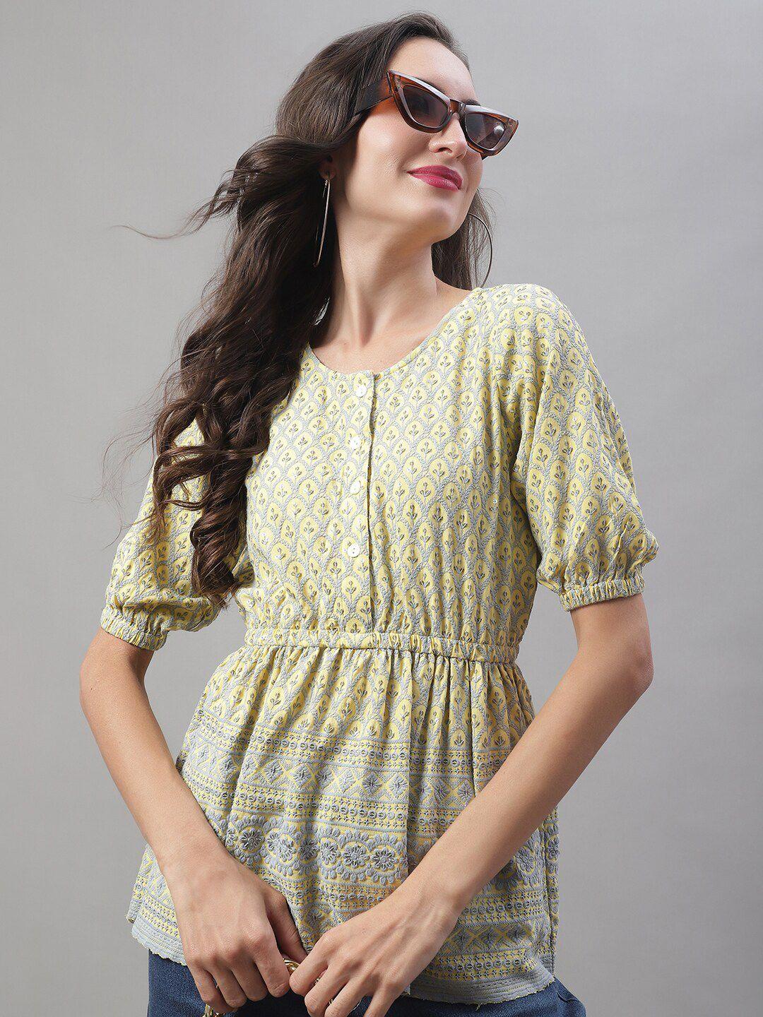 jainish self design puff sleeves pure cotton peplum top