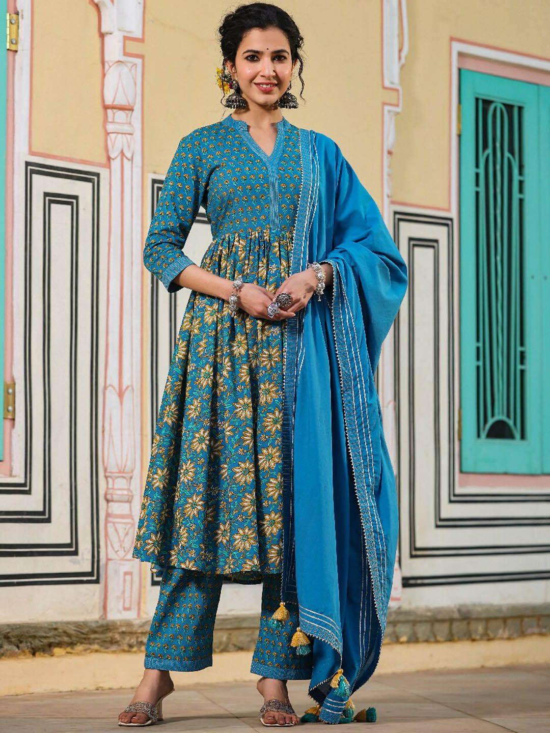 everbloom floral printed pure cotton kurta with trousers & dupatta