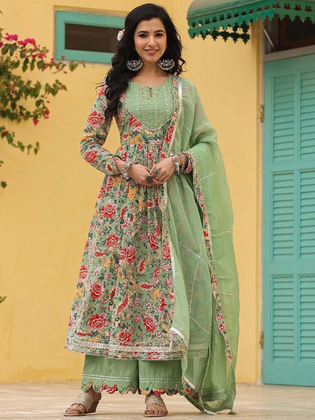 everbloom floral printed anarkali pure cotton kurta with palazzos & dupatta