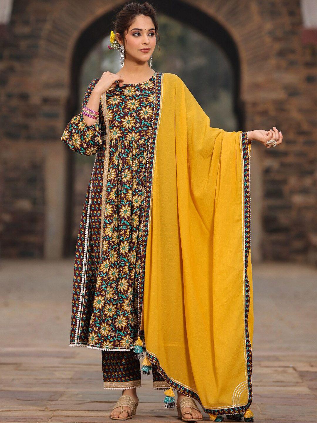 everbloom floral printed pleated gotta patti pure cotton kurta with trousers & dupatta