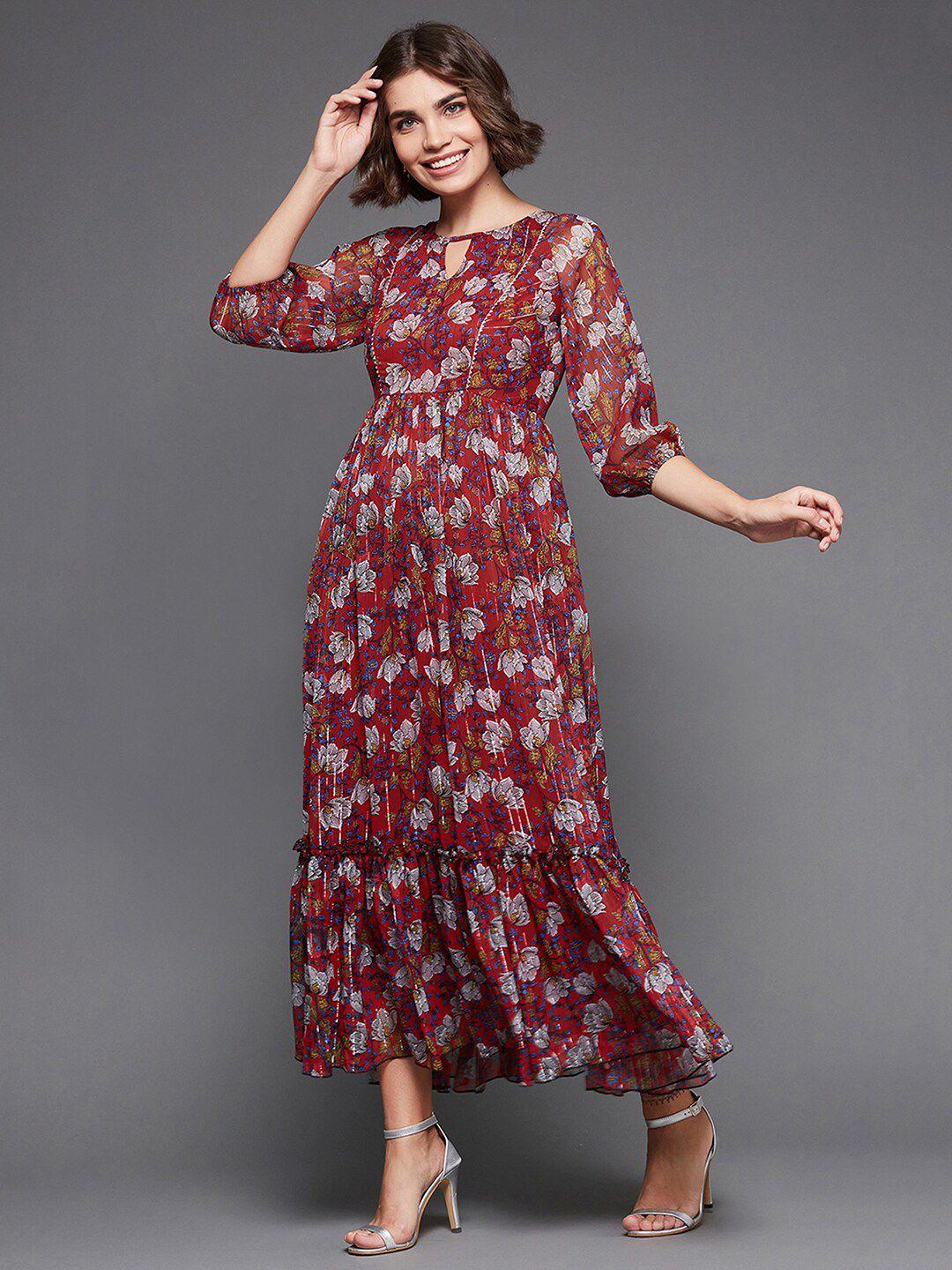 miss chase maroon floral print keyhole neck flared sleeve chiffon maxi dress