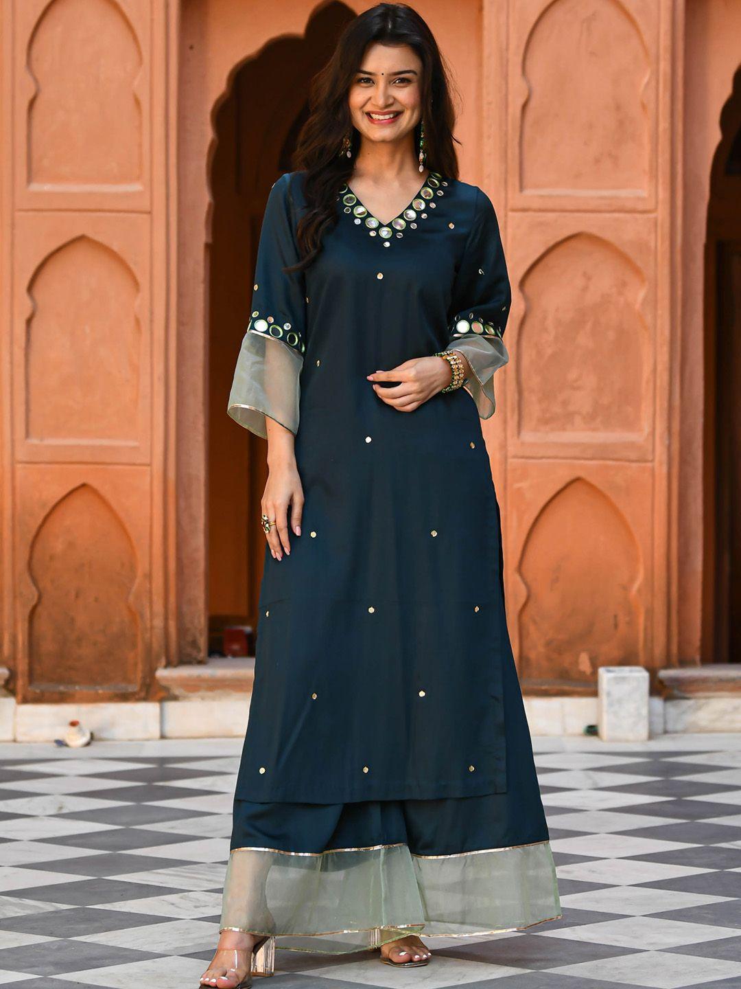 bunaai mirror work a-line kurta with palazzos