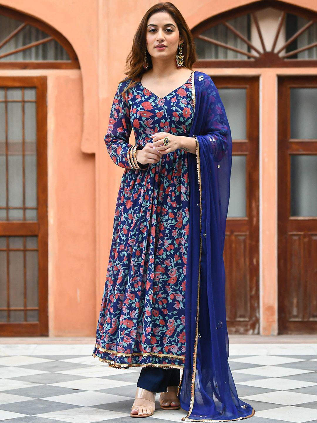 bunaai floral printed pleated kurta with trousers & dupatta