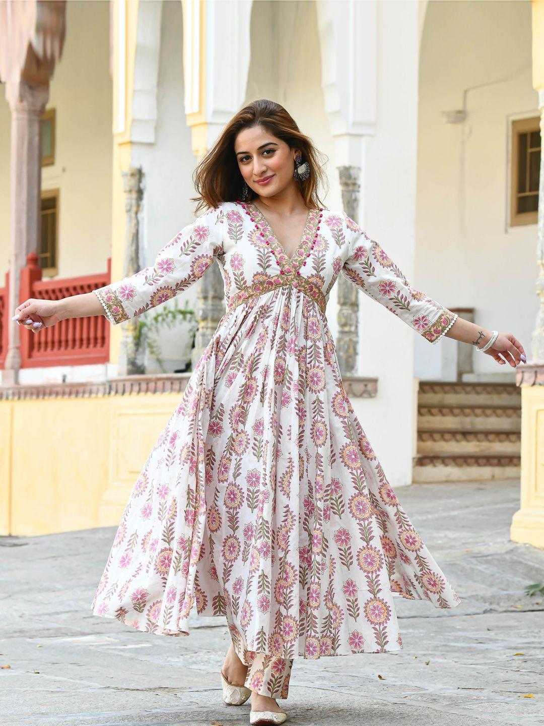 bunaai floral printed empire anarkali pure cotton kurta with palazzos